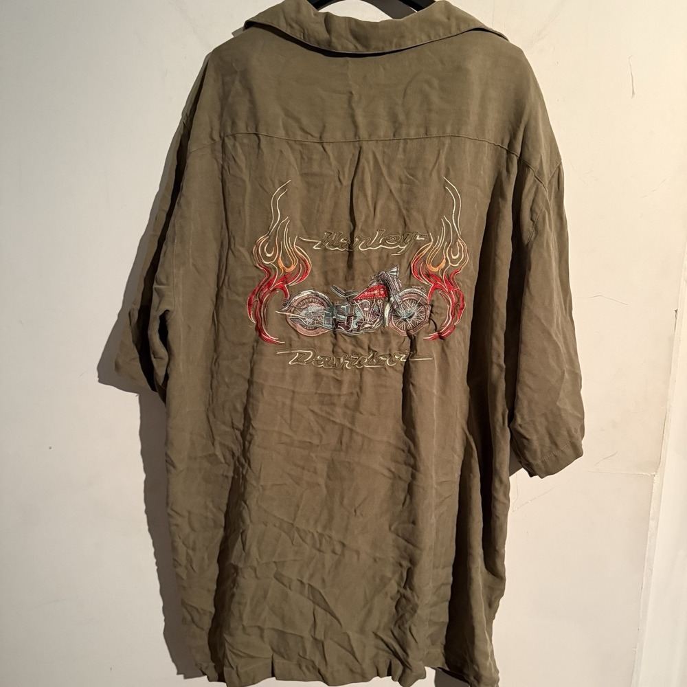 VINTAGE Tommy Bahama Harley Davidson Embroidered Shirt Mens XXL Silk Brown